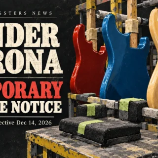 Editorial illustration of painted guitar bodies on a production rack, with a Fender Corona temporary closure notice headline.