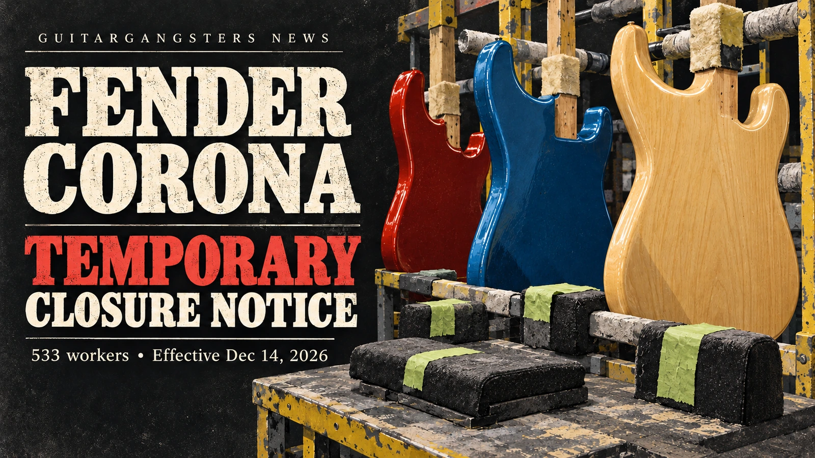 Editorial illustration of painted guitar bodies on a production rack, with a Fender Corona temporary closure notice headline.
