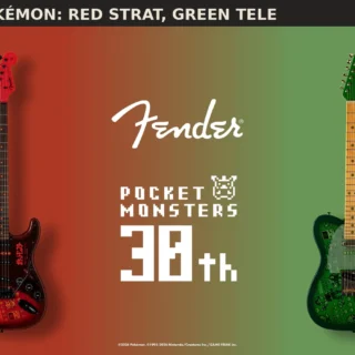 Fender Pokémon Red Version Stratocaster and Green Version Telecaster shown as complete guitars.
