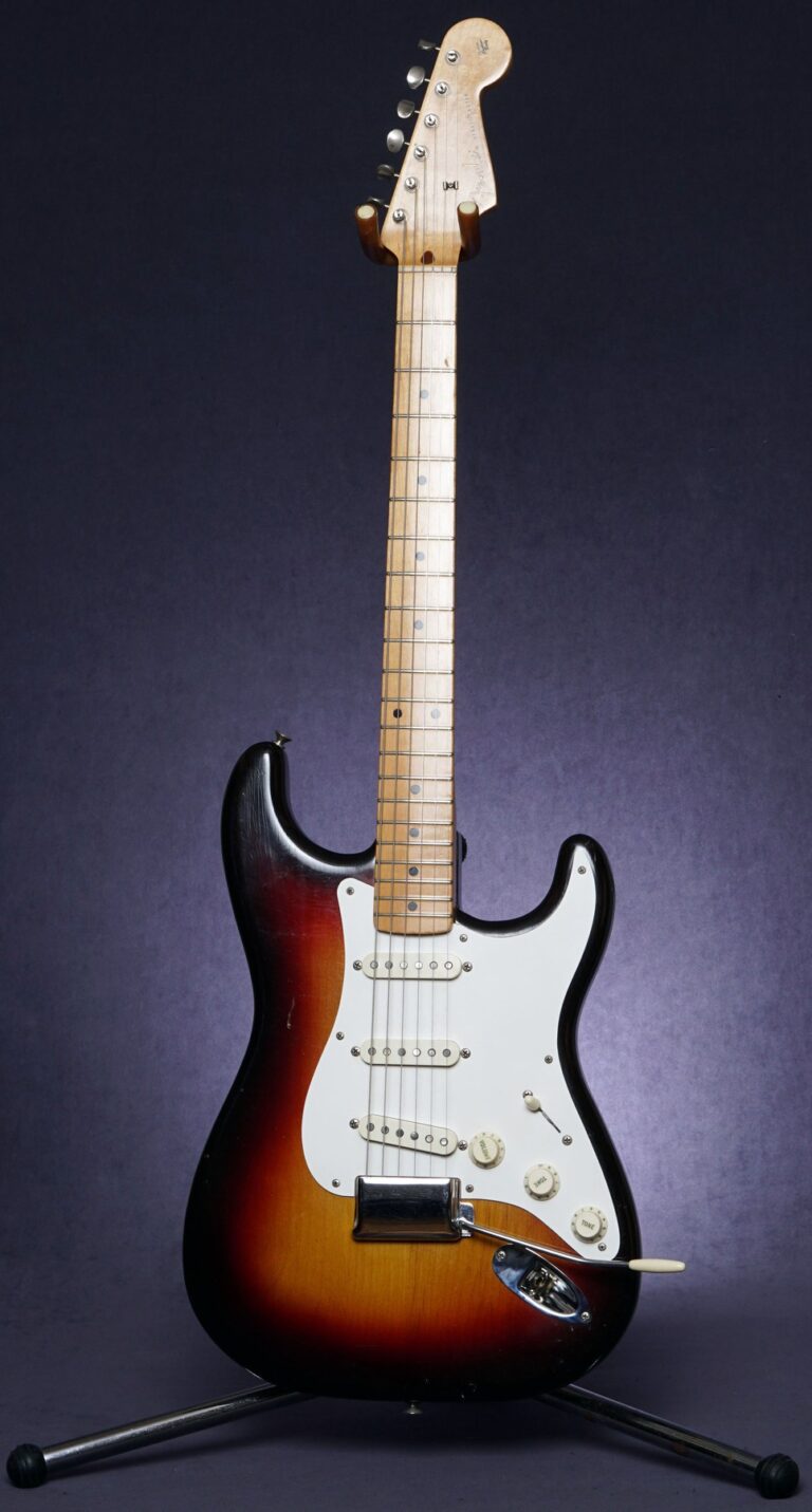 A Stratocaster in sunburst, Fender Stratocaster, shown in full.
