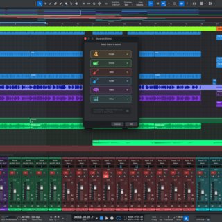 Fender Studio Pro 8.2 Separate Stems dialog showing Guitar and Piano options within a recording session.