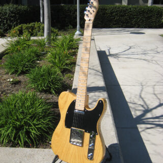 A Fender Telecaster Lite Ash guitar on a stand outdoors.