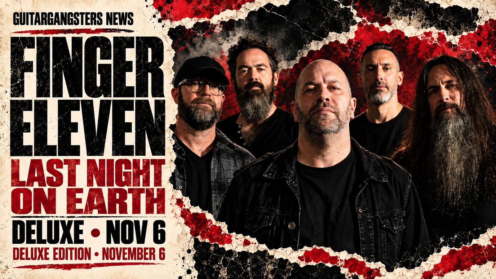 Editorial illustration of five Finger Eleven members with November 6 deluxe release announcement