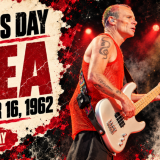 Retrospective illustration of Flea playing a complete pale silver four-string bass beneath his October 16, 1962 birth date.