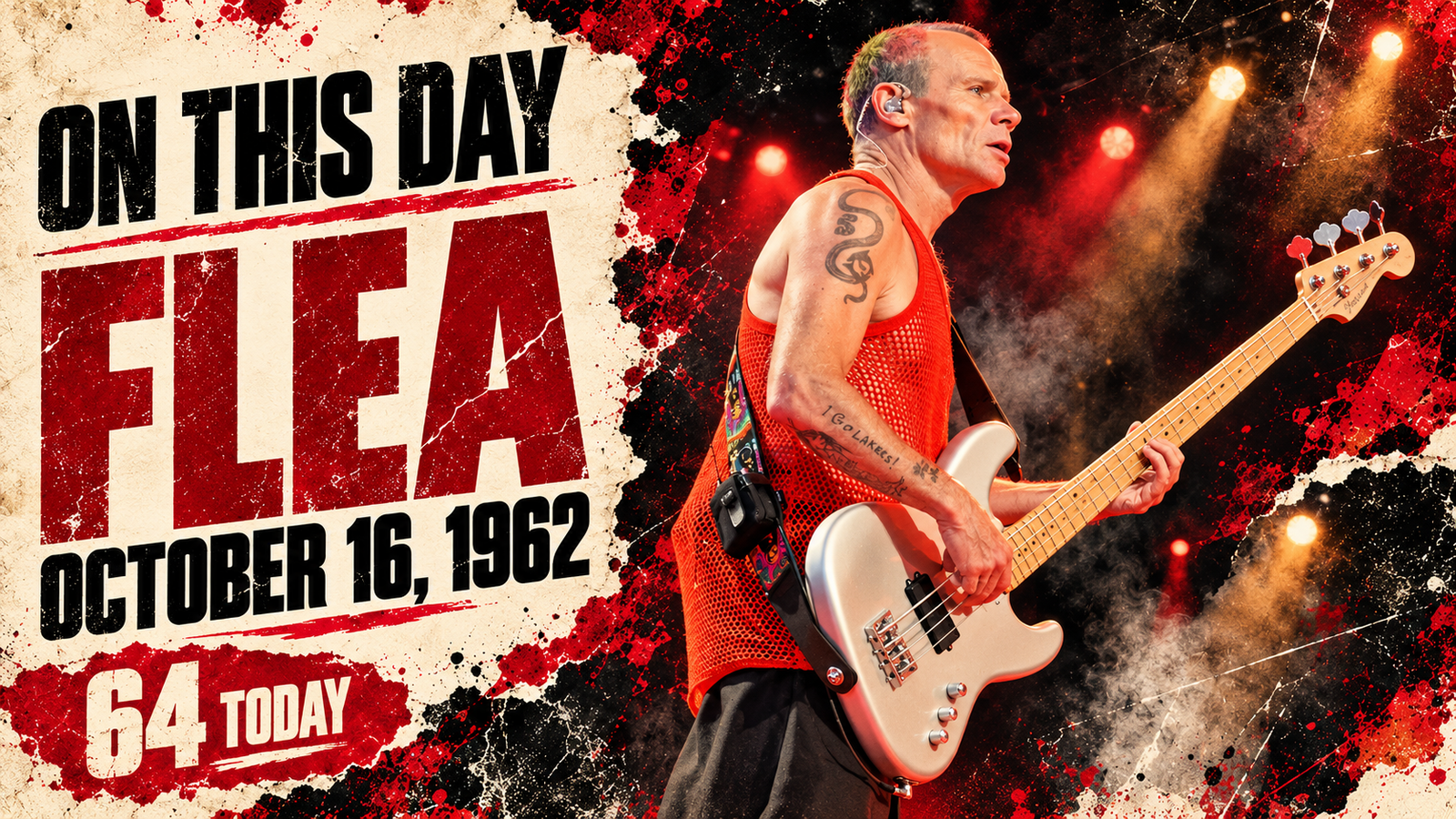 Retrospective illustration of Flea playing a complete pale silver four-string bass beneath his October 16, 1962 birth date.