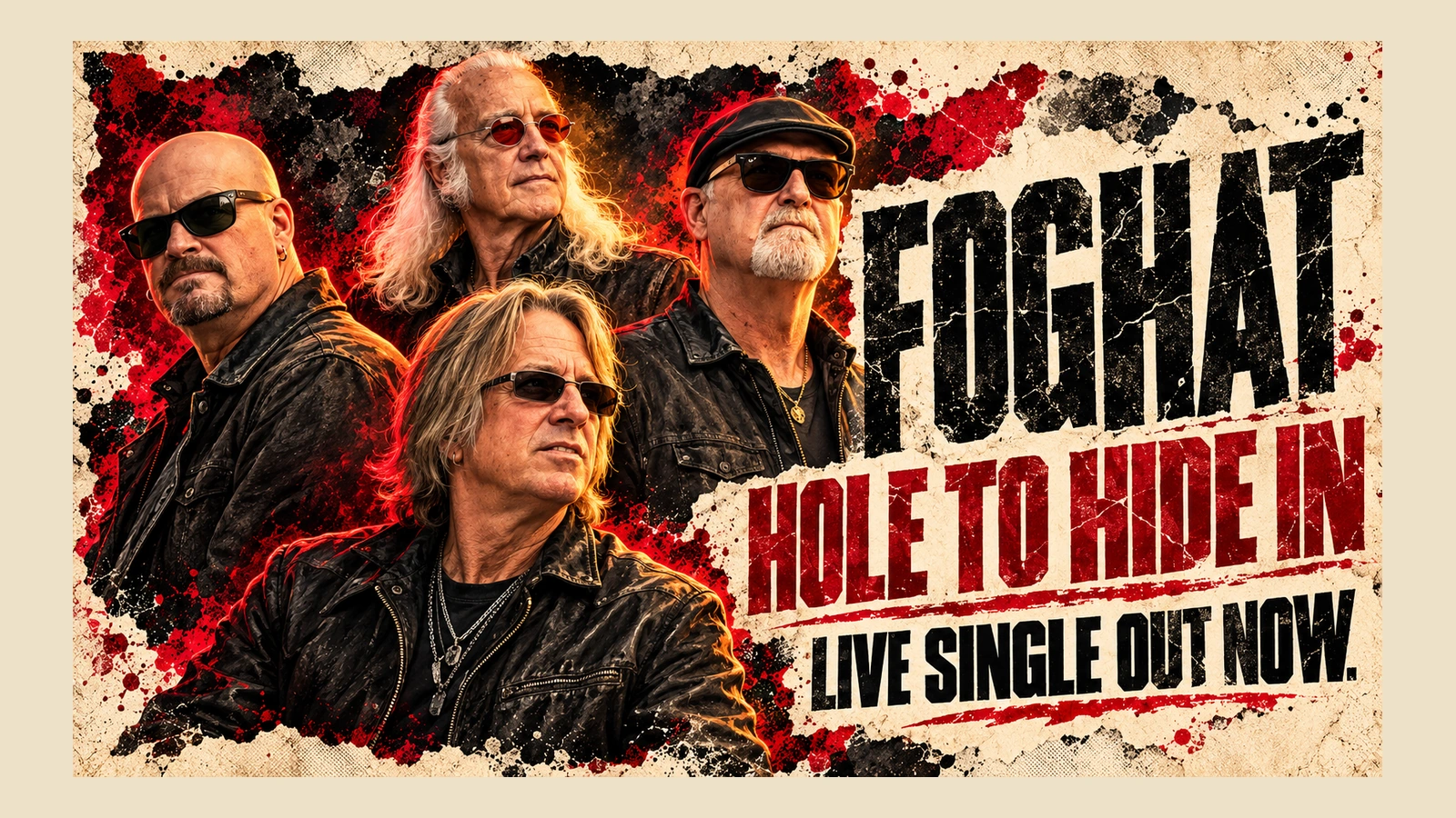 Editorial illustration of the four current Foghat members for Hole to Hide In (Live)