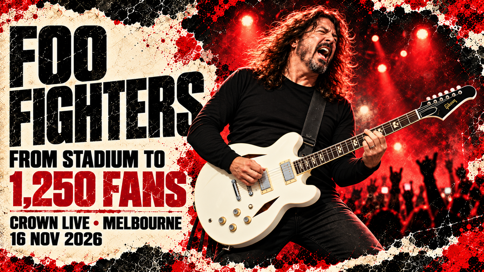 Editorial illustration of Dave Grohl with a white DG-335, announcing Foo Fighters at Crown LIVE Melbourne on 16 November 2026 for 1,250 fans.