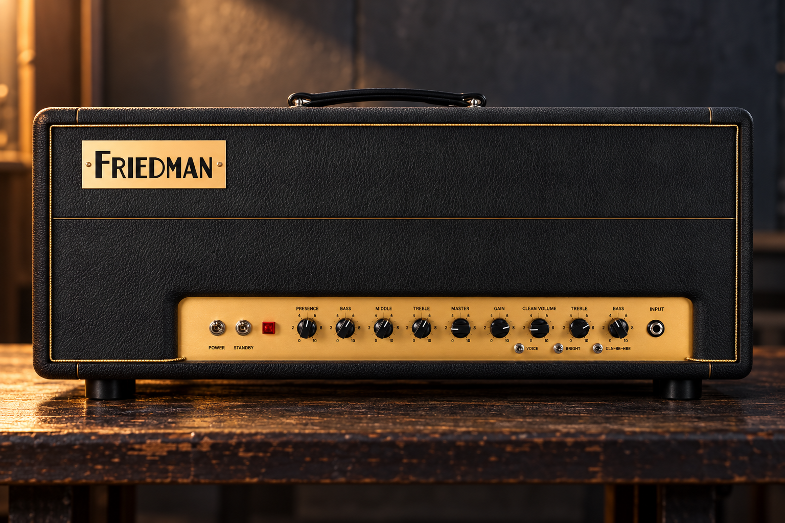 AI-generated model illustration of an original 2014 Friedman BE-100 amplifier head with nine knobs and gold front panel.