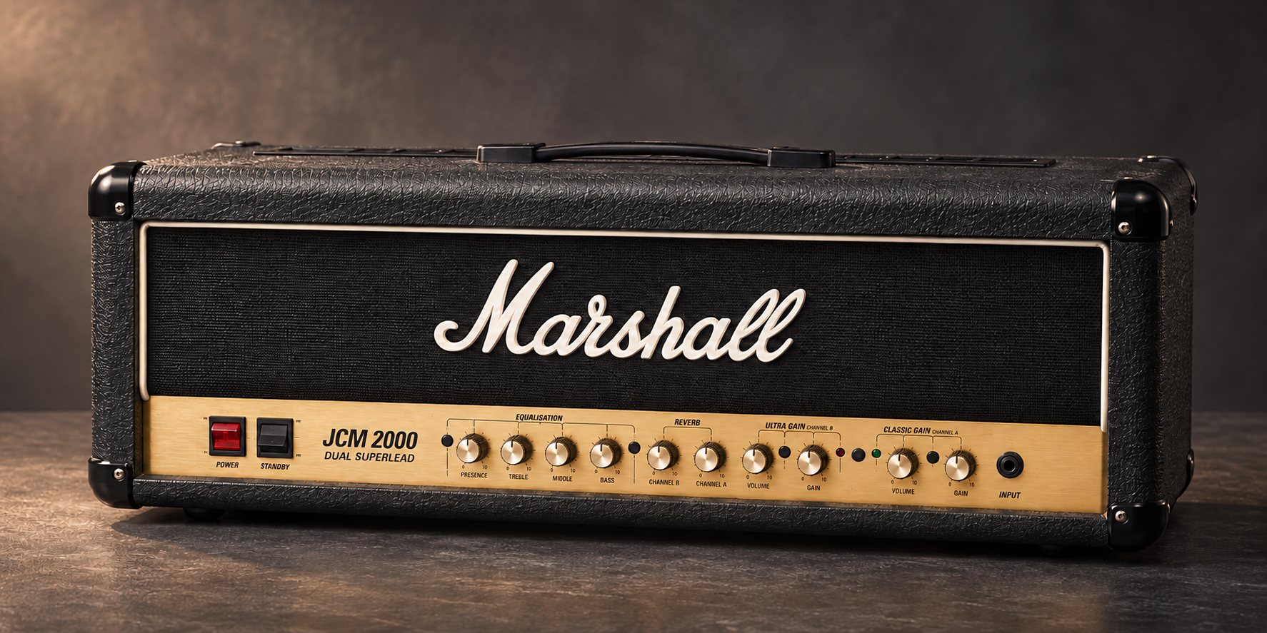 Marshall JCM2000 DSL100, original 1997 configuration shown in an AI-generated editorial model illustration.