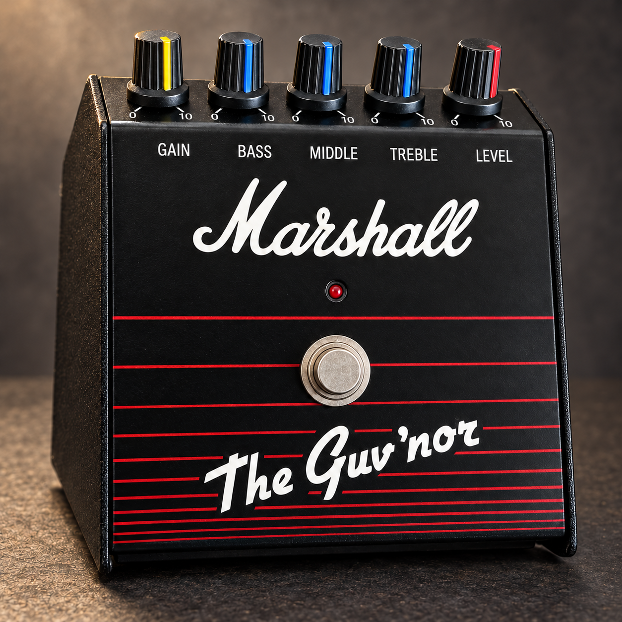 Marshall The Guv’nor, original Made-in-England design shown in an AI-generated editorial model illustration.