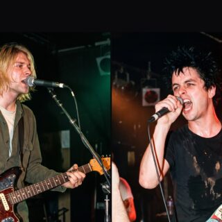 Kurt Cobain (left) and Billie Joe Armstrong (right) on club stages (AI-generated illustration)