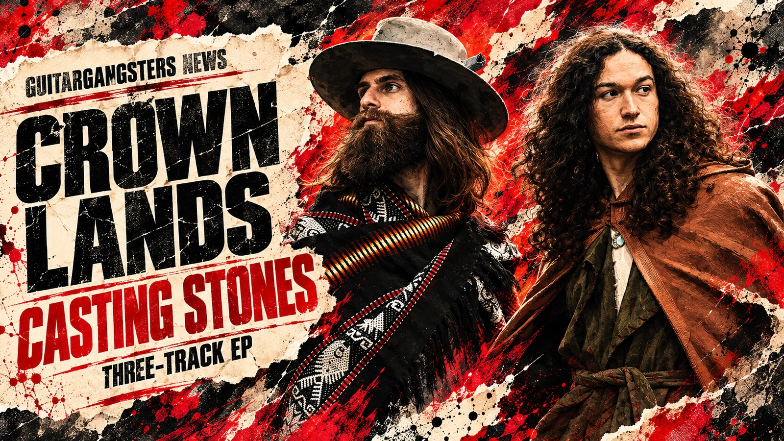 AI editorial illustration of Crown Lands based on Luke Paron's 2025 duo portrait, with Casting Stones EP headline.