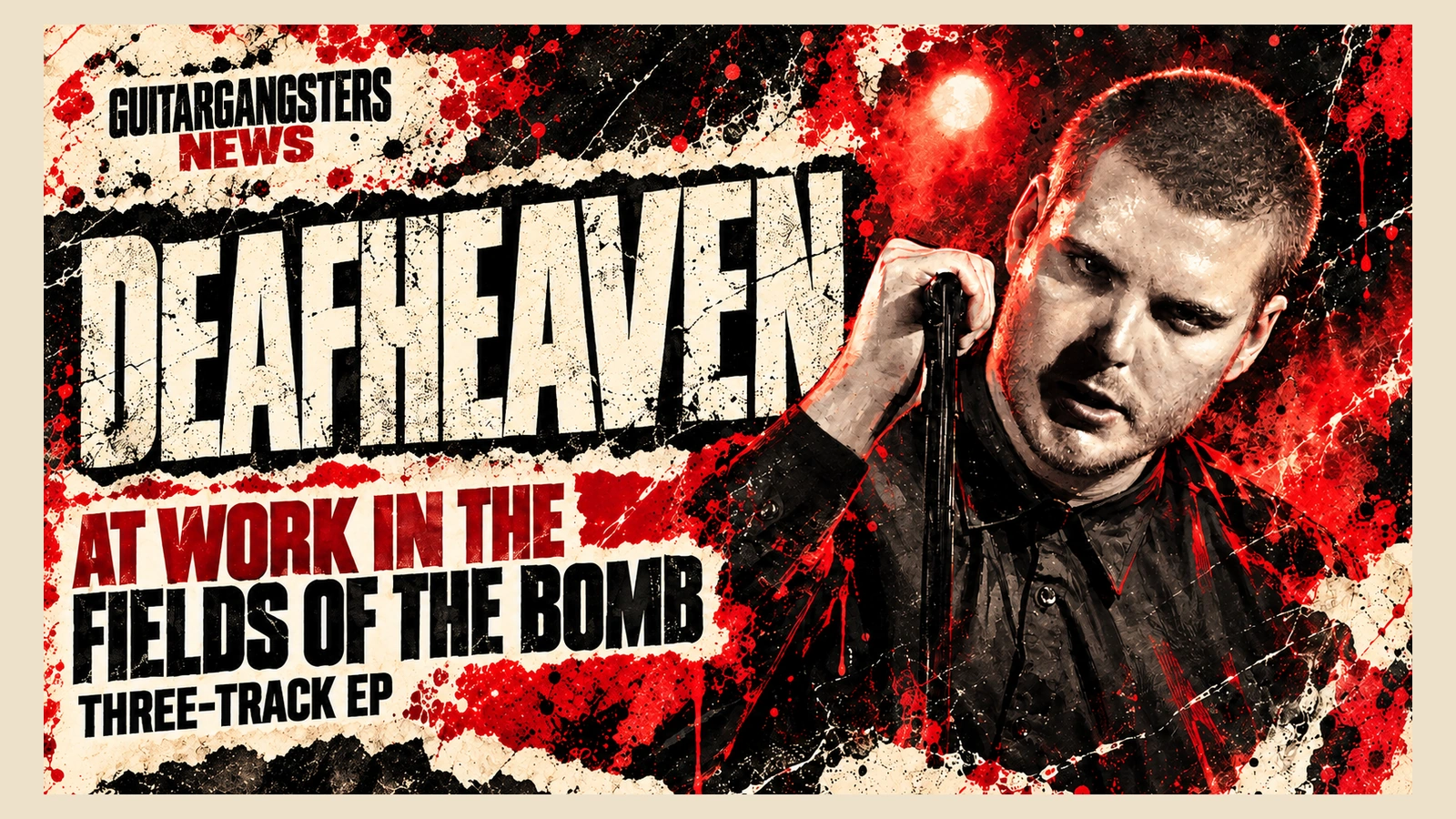 AI editorial illustration of George Clarke based on a 2012 portrait, with Deafheaven's At Work In The Fields Of The Bomb headline.