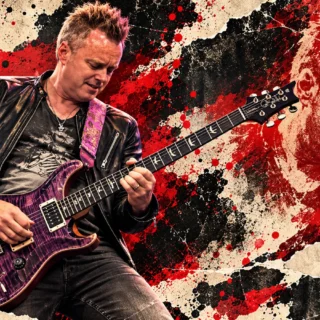 Editorial illustration of Deep Purple guitarist Simon McBride with a purple PRS guitar