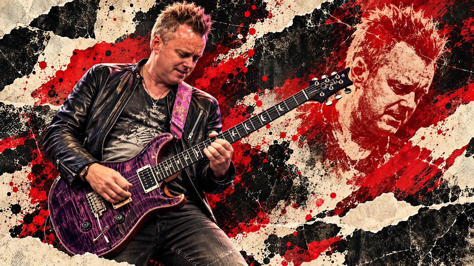 Editorial illustration of Deep Purple guitarist Simon McBride with a purple PRS guitar