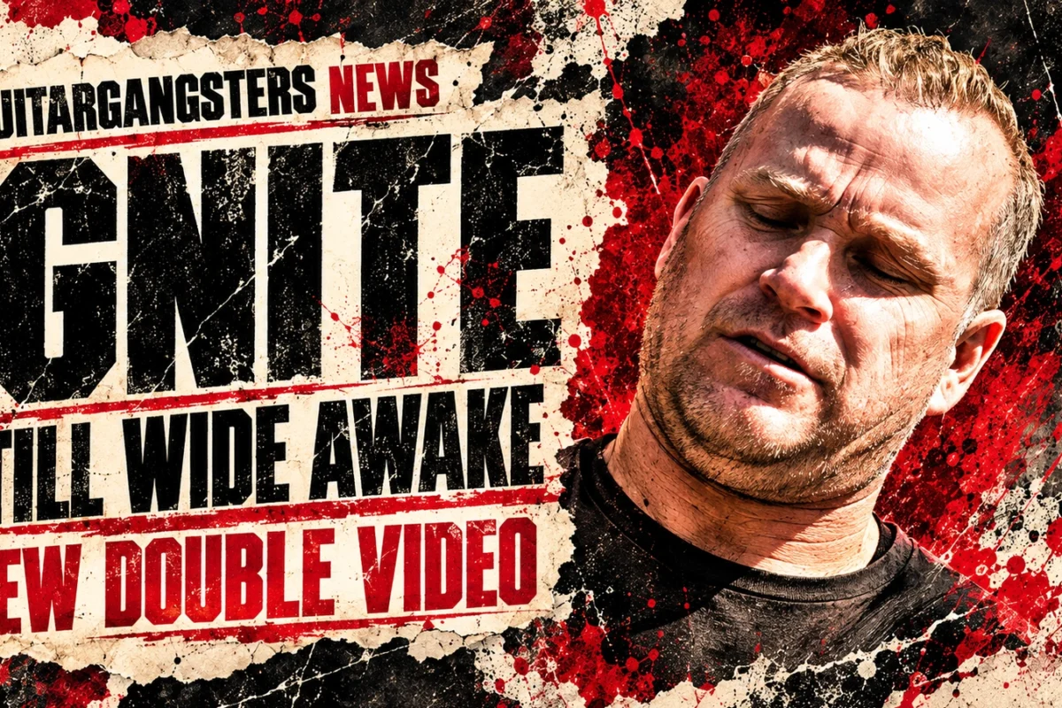 Ignite bassist Brett Rasmussen in an illustrated adaptation of a June 2019 photograph, with Still Wide Awake double-video news headline.
