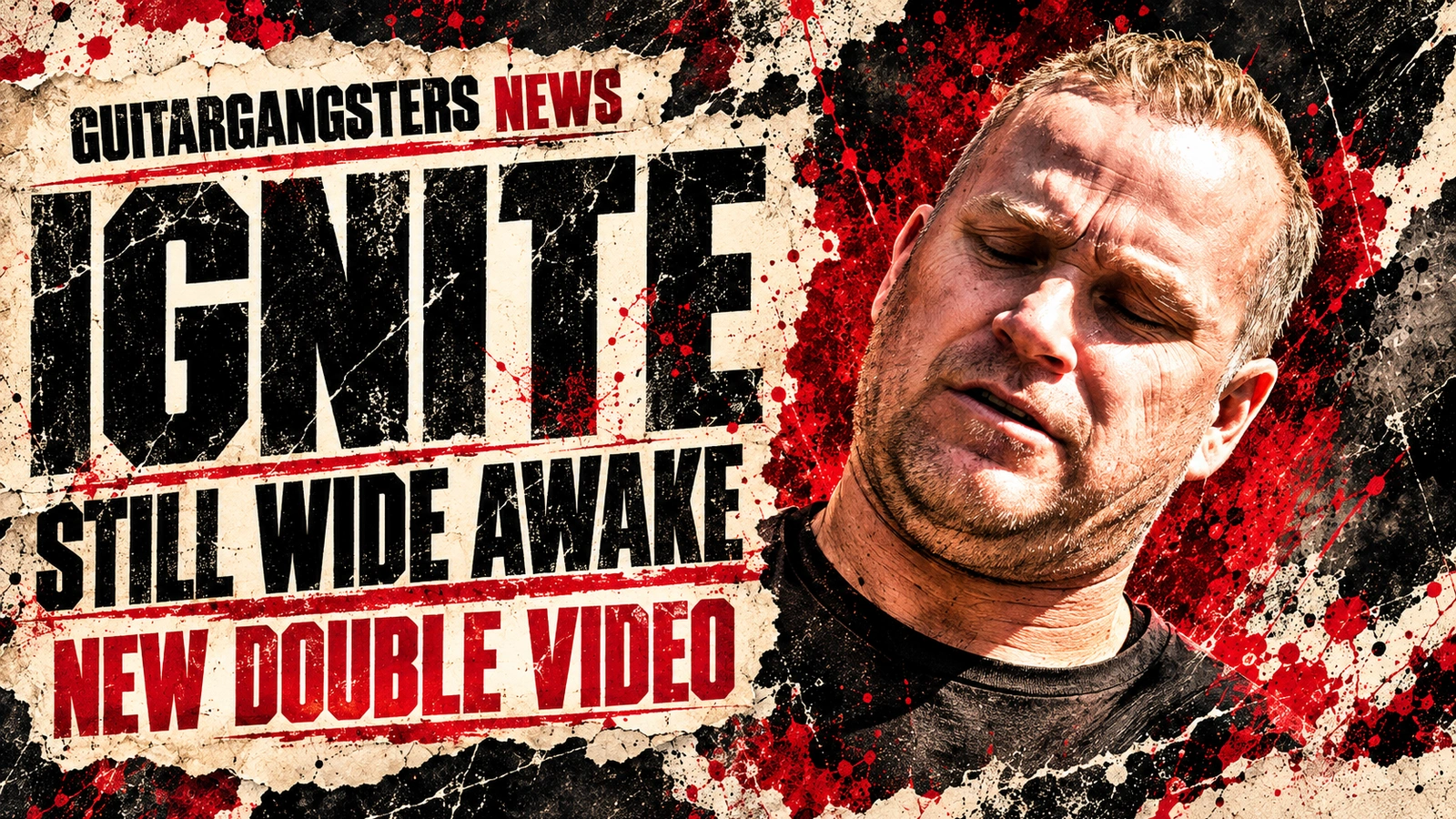 Ignite bassist Brett Rasmussen in an illustrated adaptation of a June 2019 photograph, with Still Wide Awake double-video news headline.