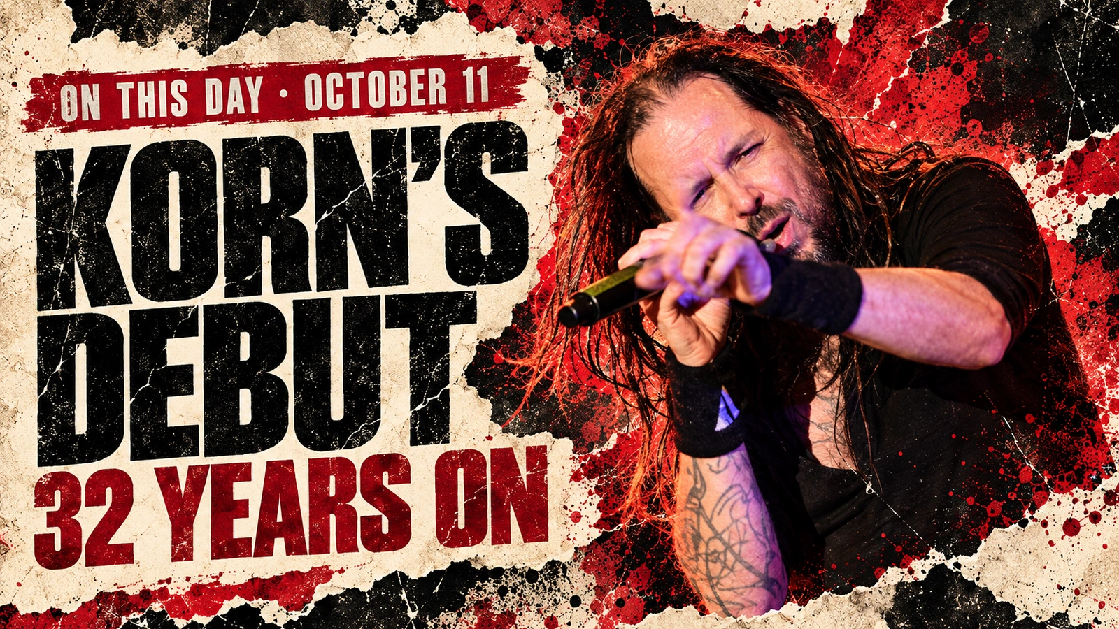 Jonathan Davis in an illustrated adaptation of a 2014 photograph, marking the US release anniversary of Korn's 1994 debut album.