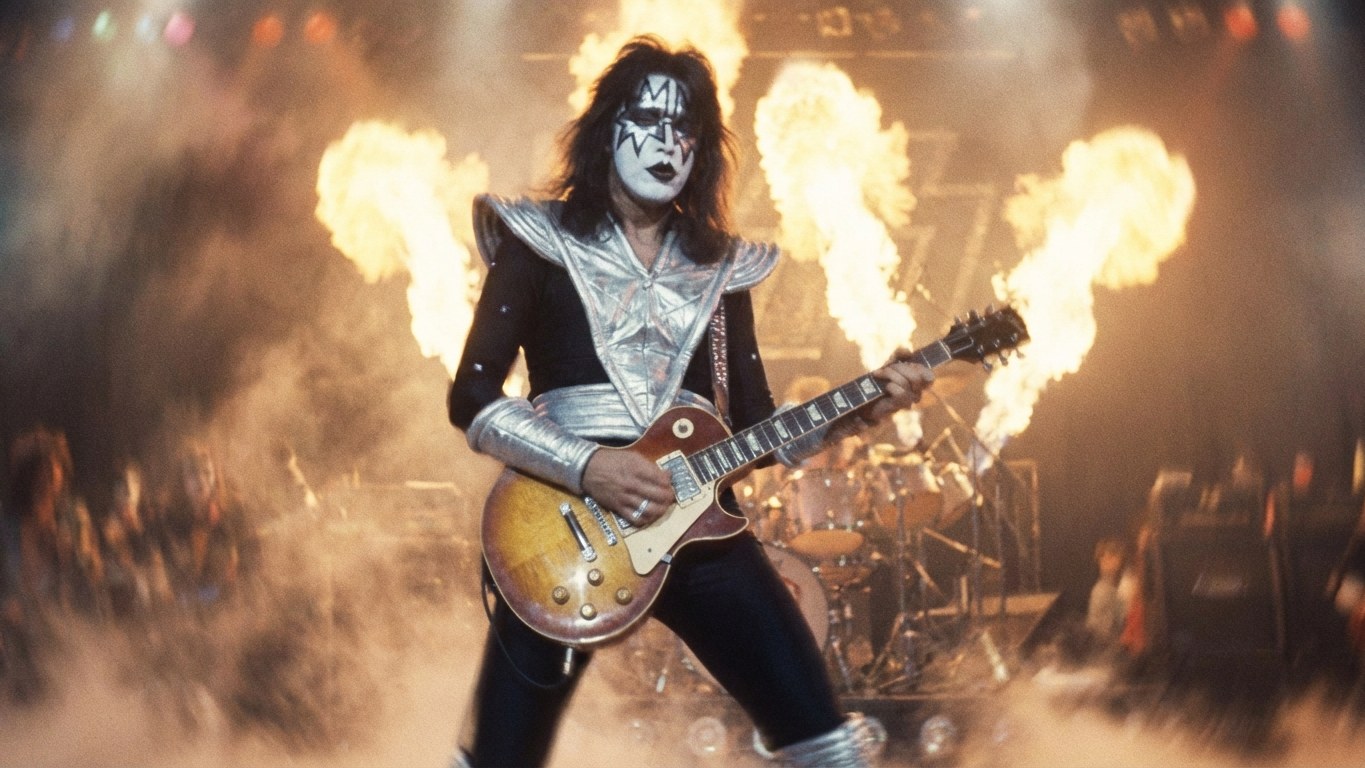 AI-generated illustration: Ace Frehley on stage with a sunburst Les Paul in front of flash pots.
