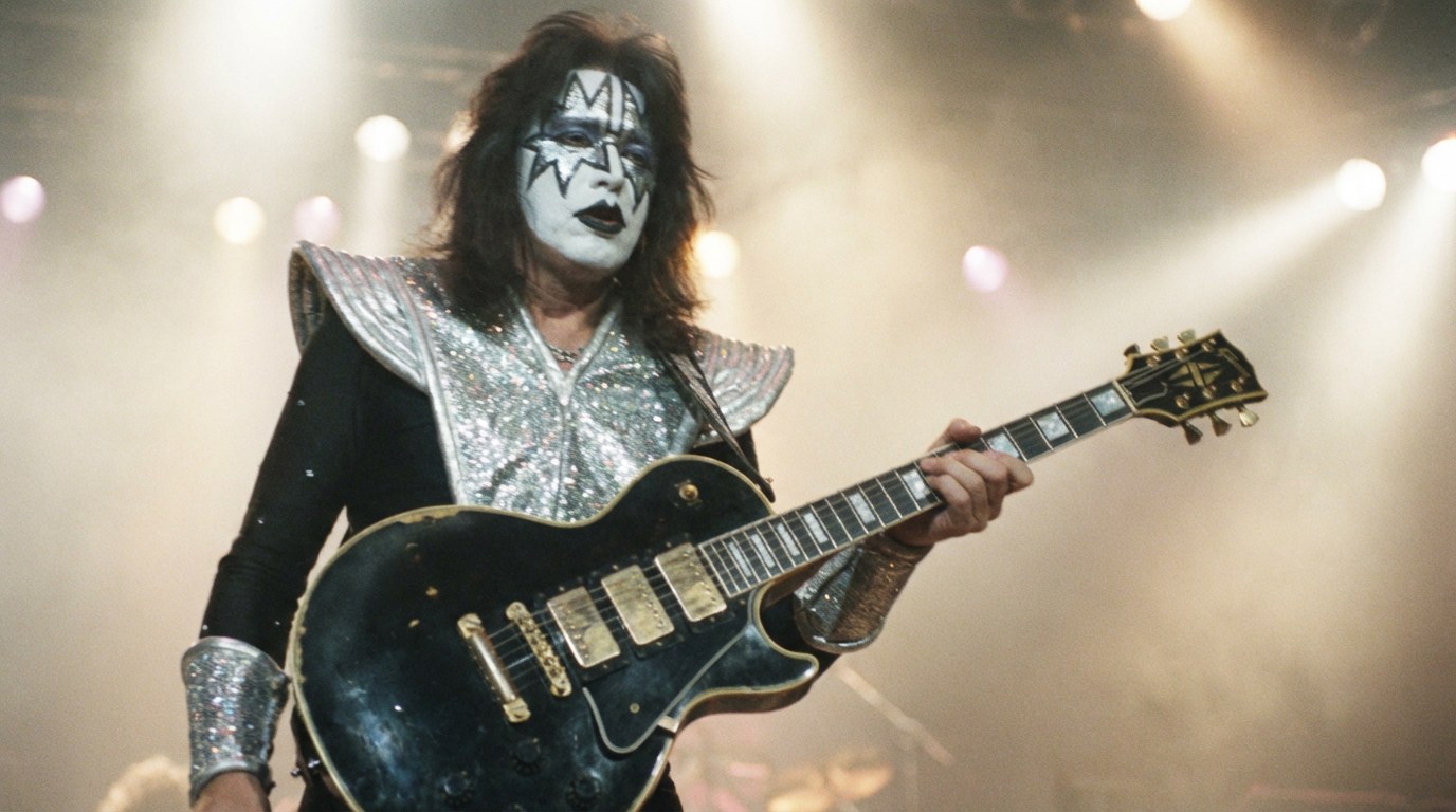 AI-generated illustration: Ace Frehley with a black three-pickup Les Paul Custom.