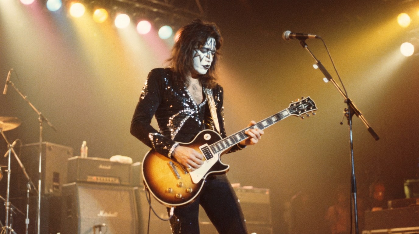 AI-generated illustration: Ace Frehley on stage with a sunburst Les Paul.