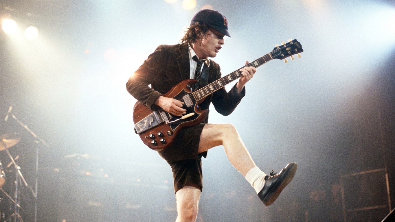 AI-generated illustration: Angus Young mid leg-kick with his Gibson SG.
