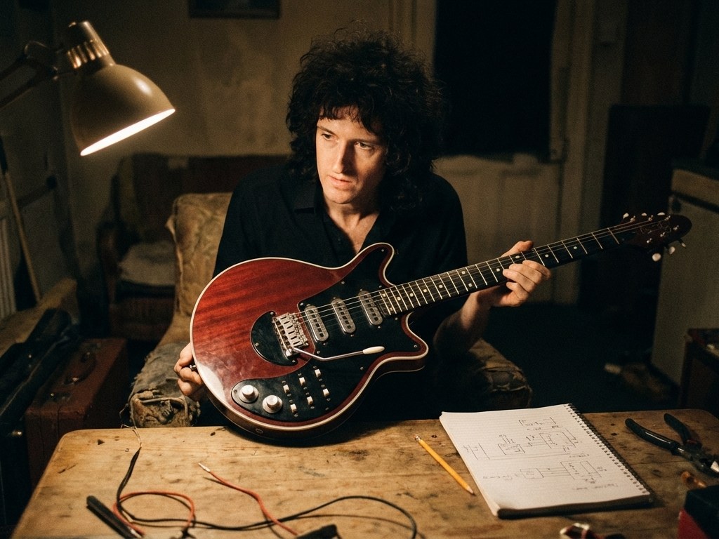 AI-generated illustration: Brian May with the Red Special at a workbench.