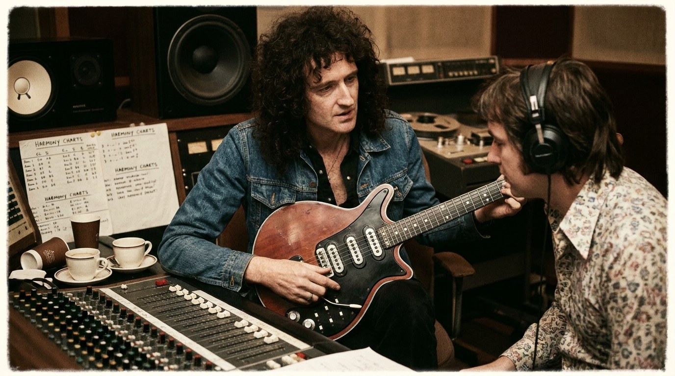 AI-generated illustration: Brian May recording with the Red Special in the studio.