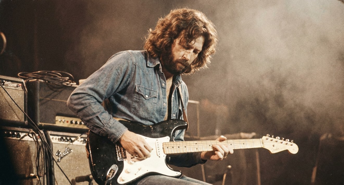 AI-generated illustration: Eric Clapton playing a black Stratocaster.