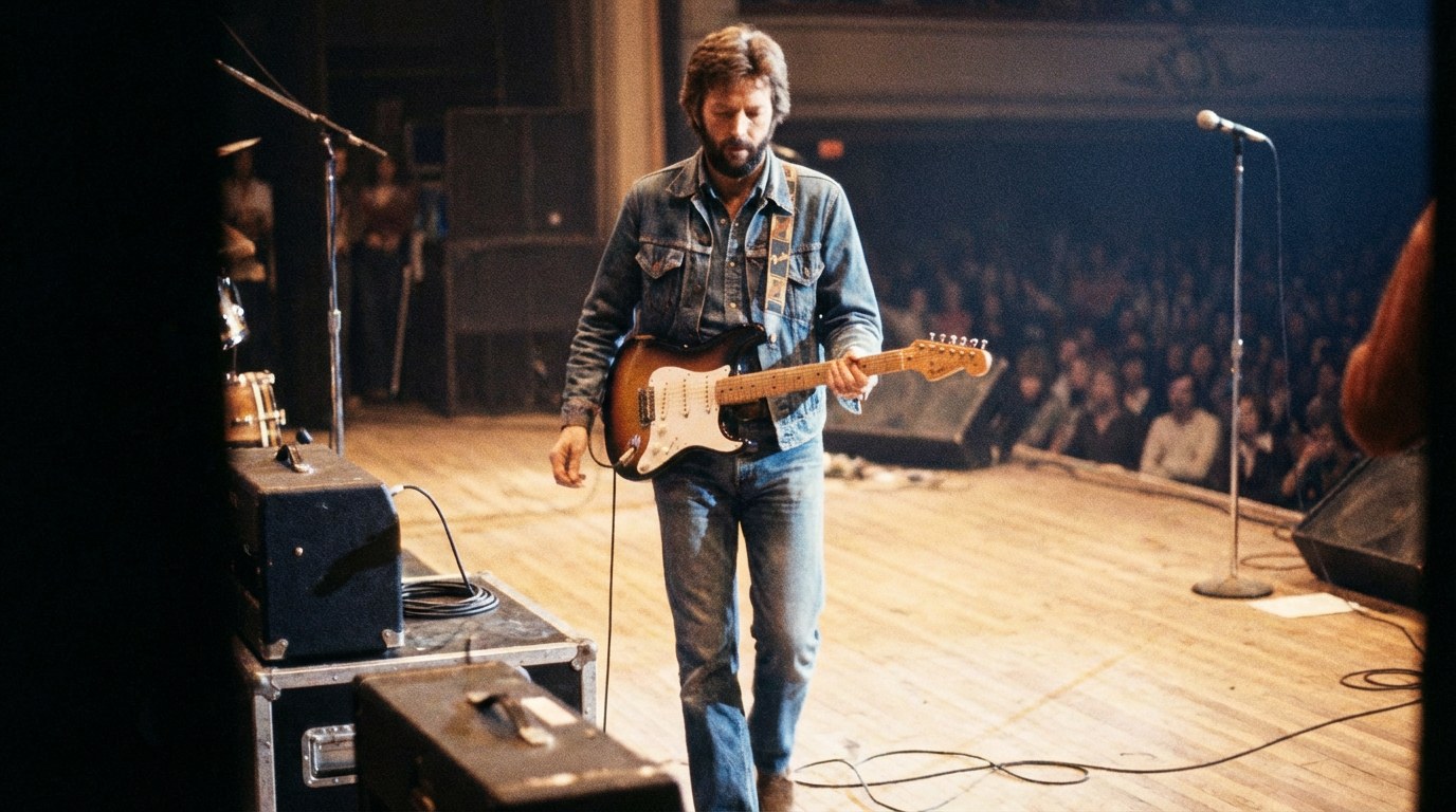 AI-generated illustration: Eric Clapton on a theatre stage with a Stratocaster.