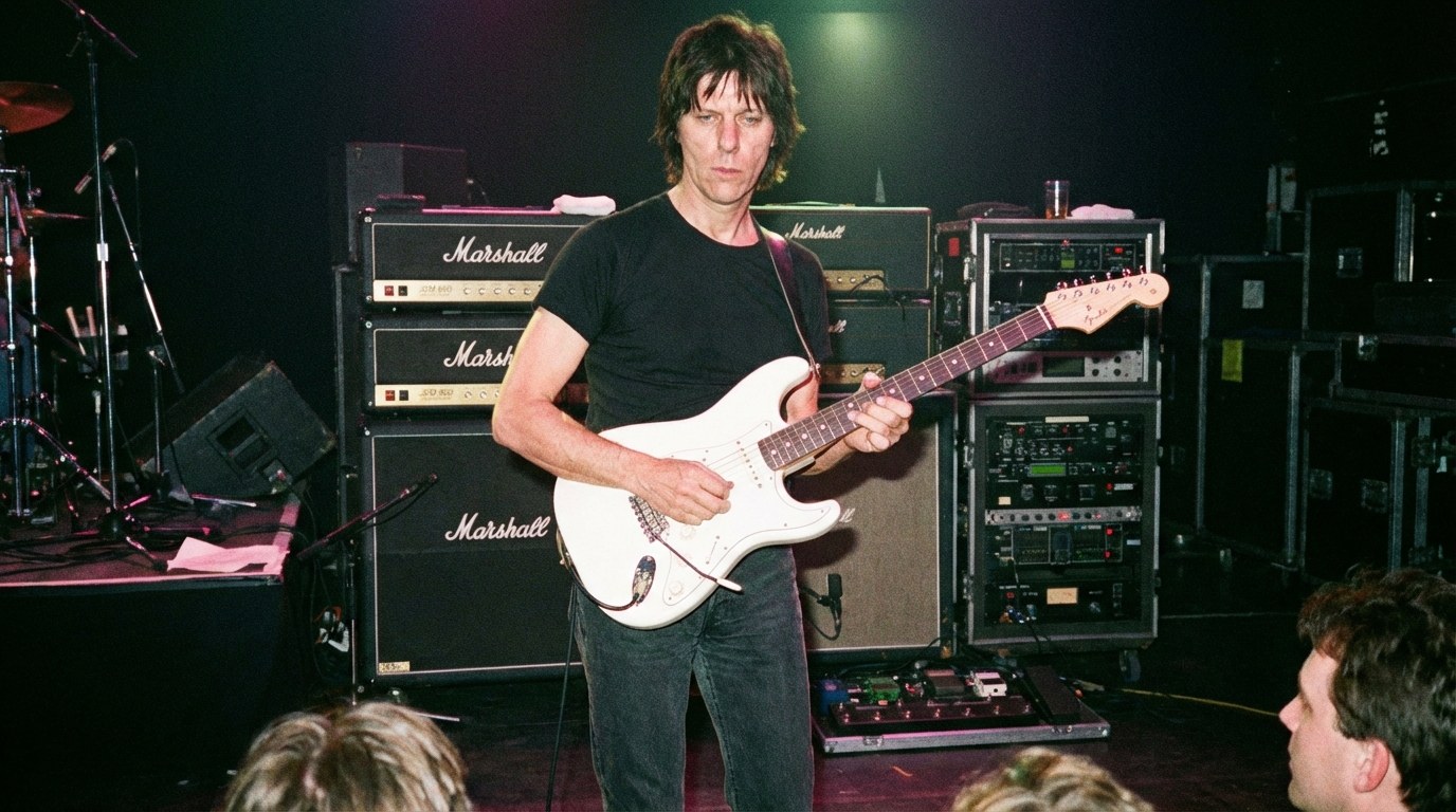 AI-generated illustration: Jeff Beck with a white Stratocaster in front of Marshall amps.