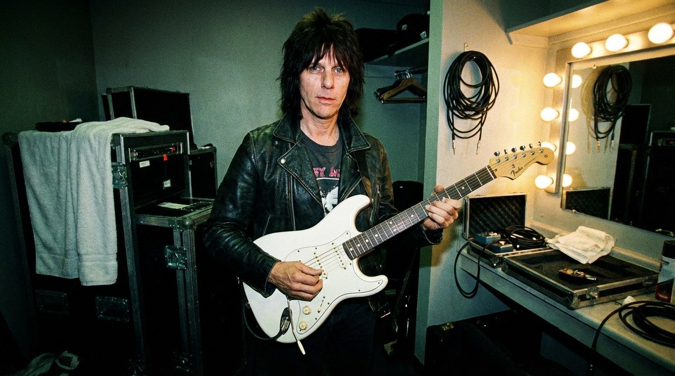 AI-generated illustration: Jeff Beck backstage with a white Stratocaster.