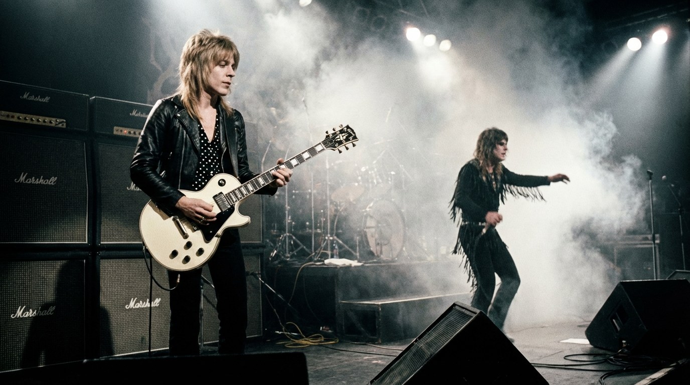 AI-generated illustration: Randy Rhoads with a white Les Paul Custom in front of Marshall stacks.