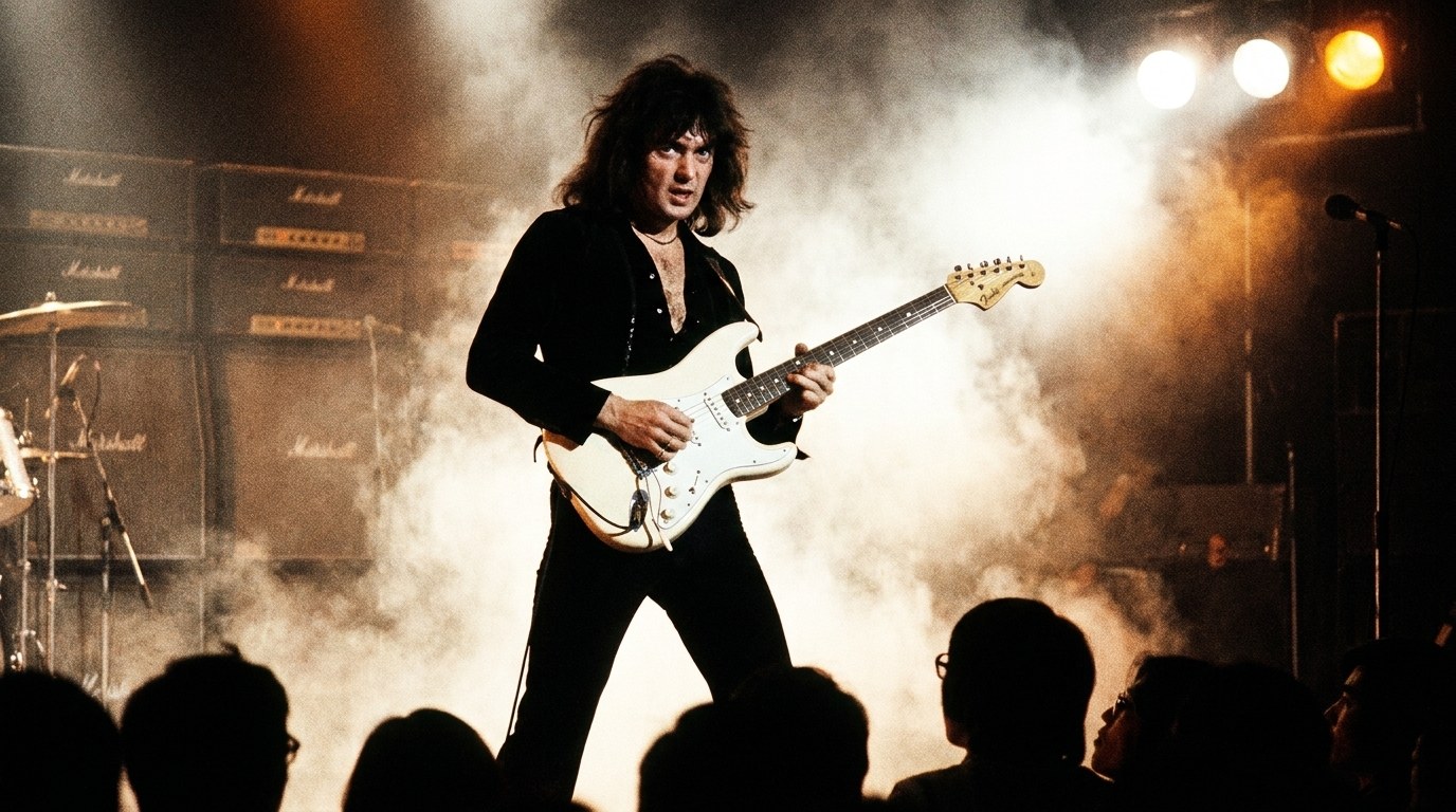 AI-generated illustration: Ritchie Blackmore on stage with a white Stratocaster.
