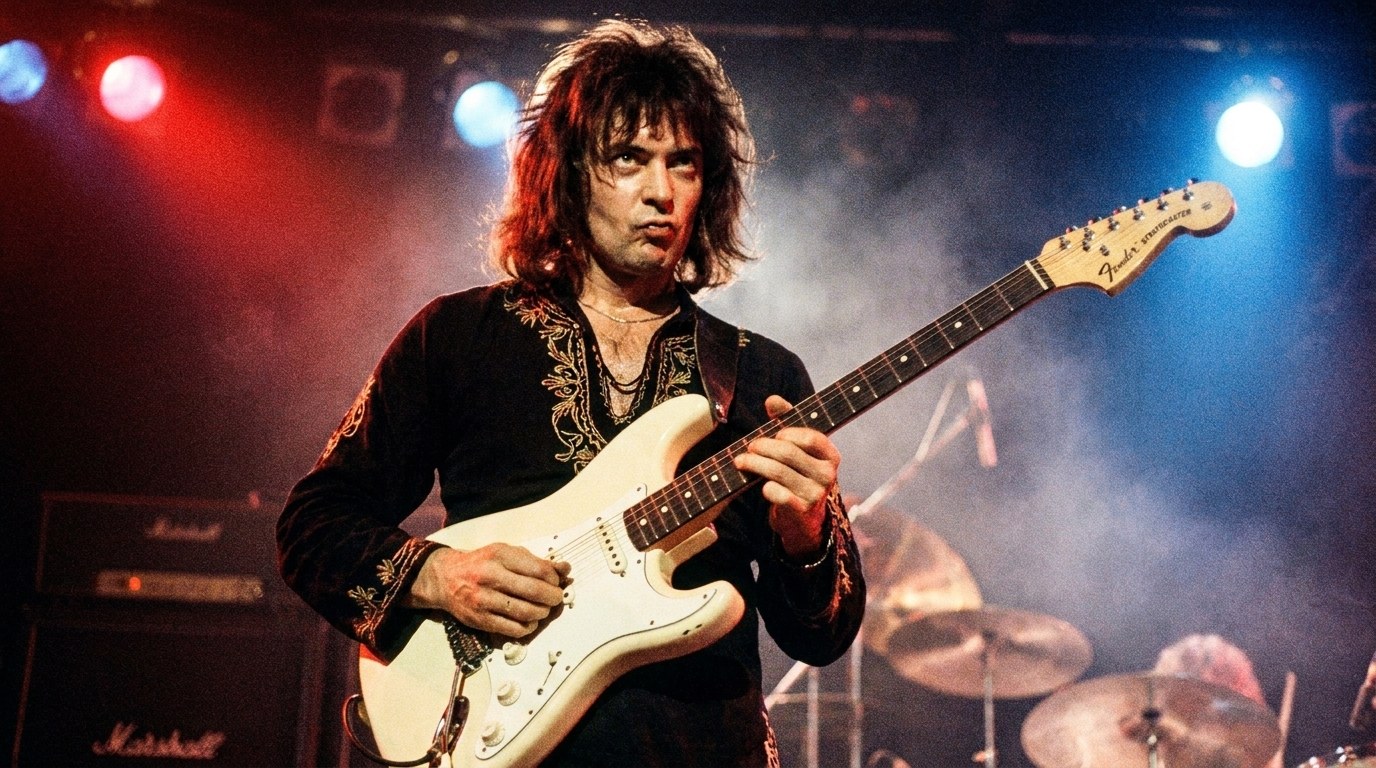 AI-generated illustration: Ritchie Blackmore playing a white Stratocaster.