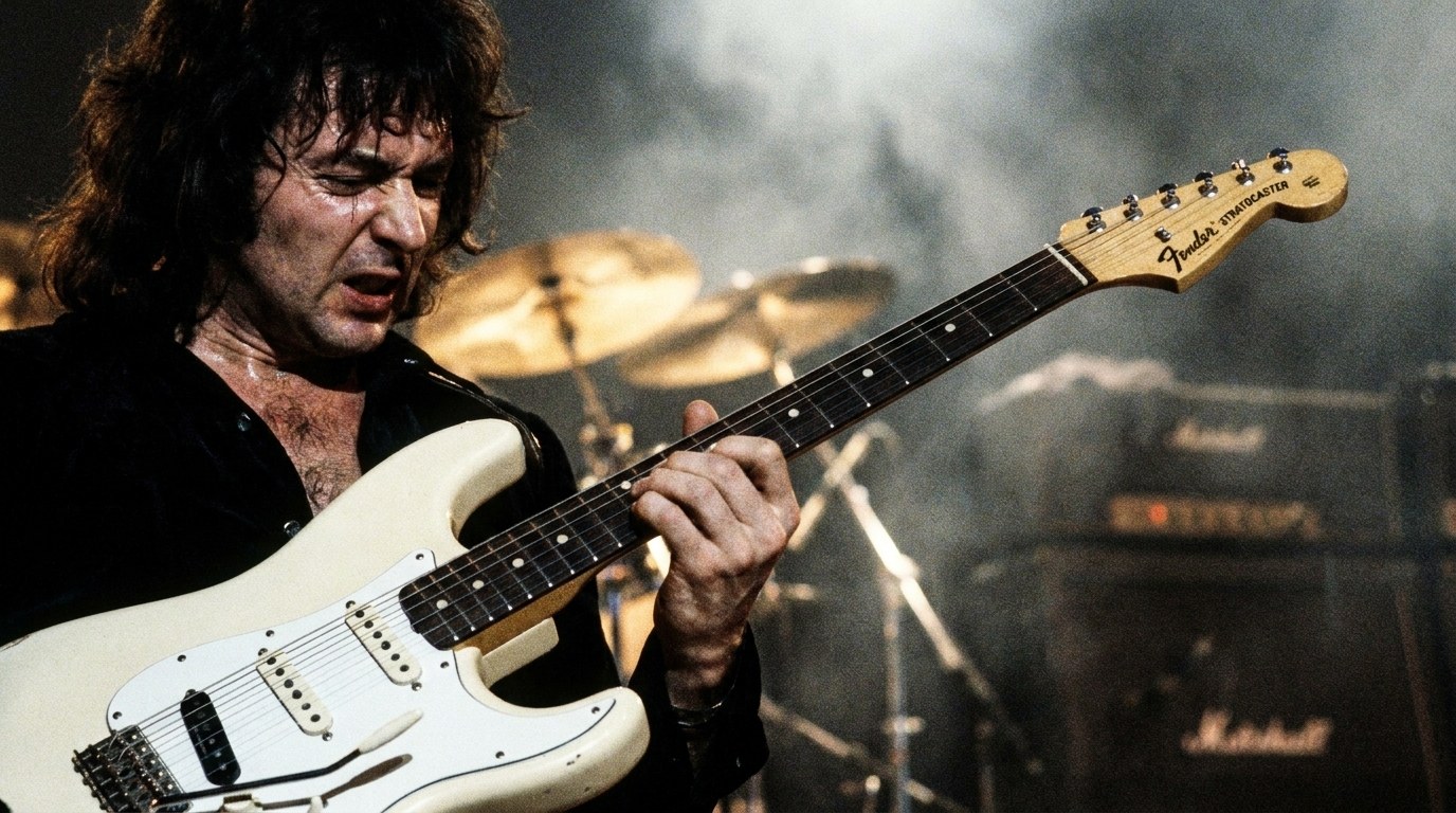 AI-generated illustration: Ritchie Blackmore close up with his white Stratocaster.