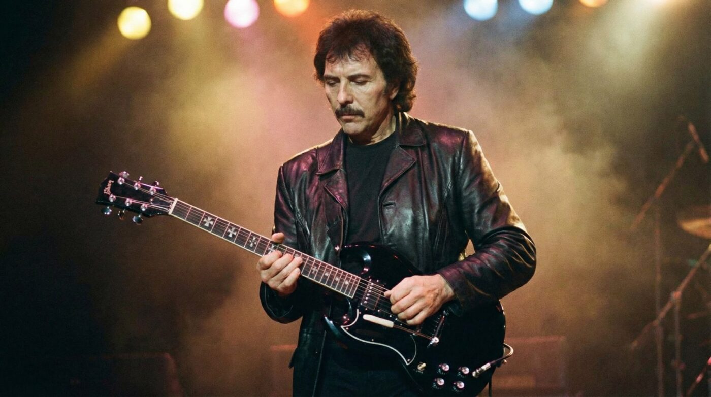 AI-generated illustration: Tony Iommi on stage with his left-handed SG.