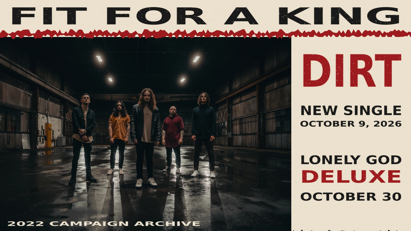 Fit For A King in an archival five-person warehouse publicity photograph distributed in 2022.