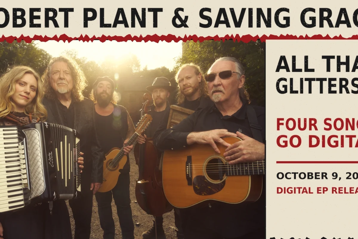Robert Plant and Saving Grace in a six-person group portrait by Tom Oldham.