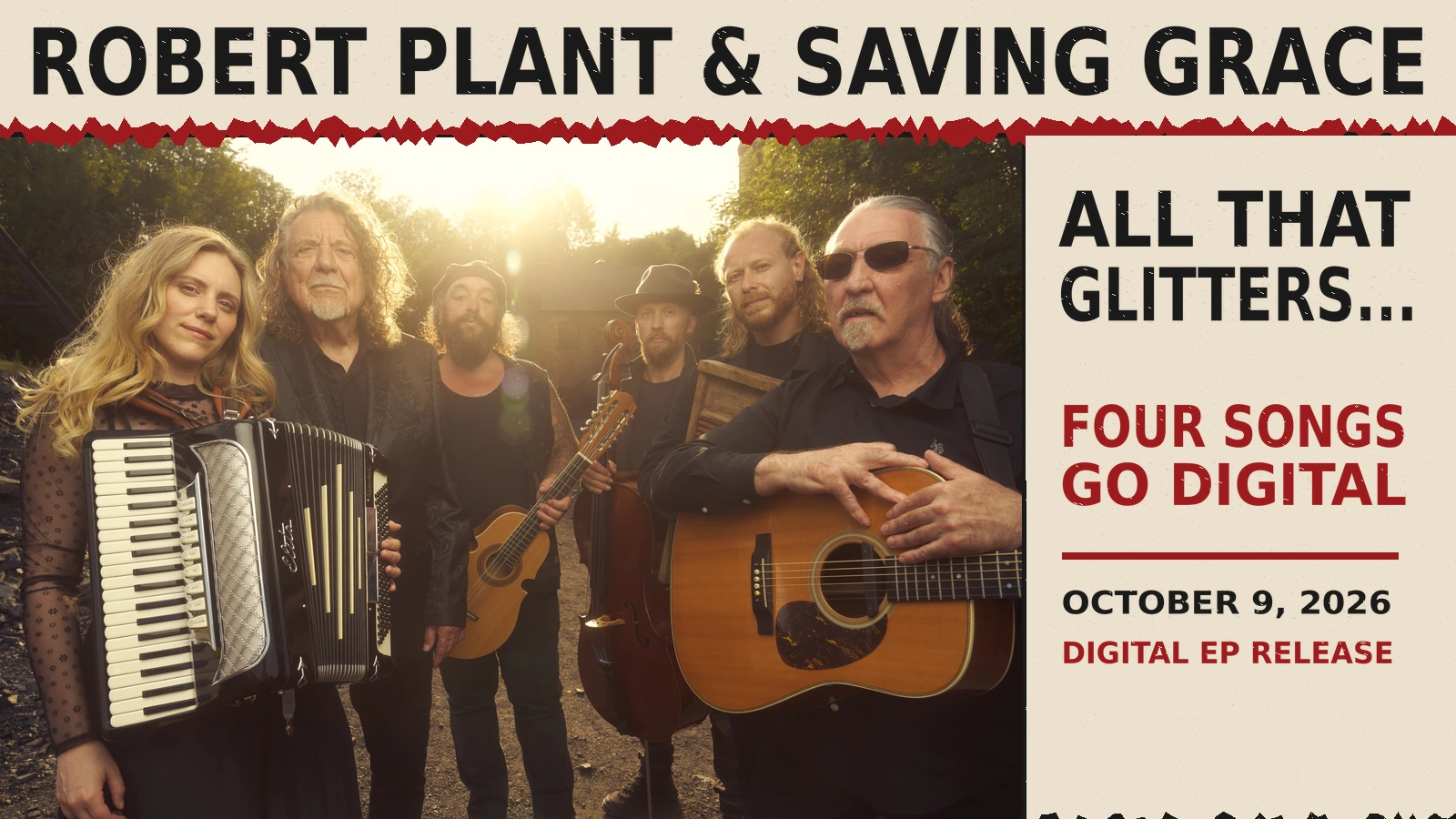 Robert Plant and Saving Grace in a six-person group portrait by Tom Oldham.