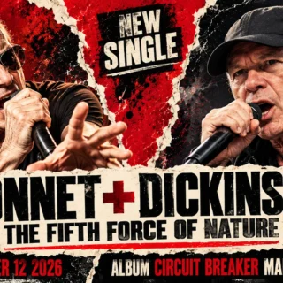 Editorial illustration of Graham Bonnet and Bruce Dickinson in separate portrait panels announcing The Fifth Force of Nature.
