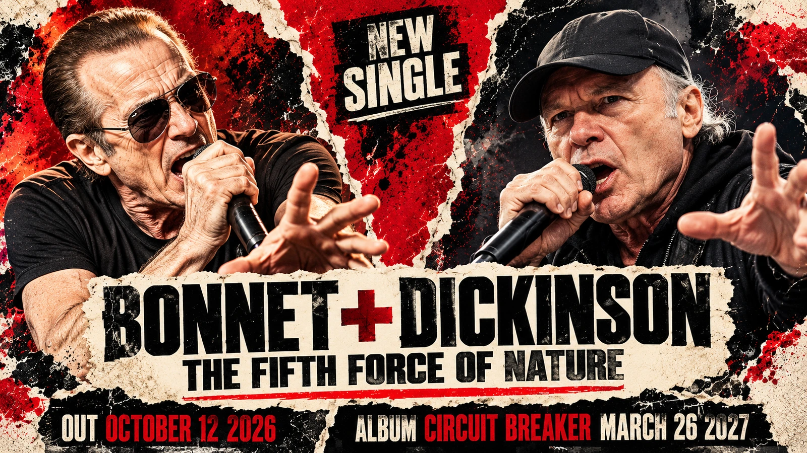 Editorial illustration of Graham Bonnet and Bruce Dickinson in separate portrait panels announcing The Fifth Force of Nature.