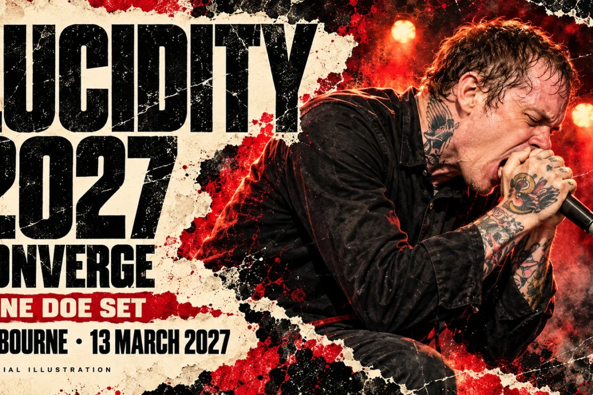 Editorial illustration of Converge singer Jacob Bannon holding a microphone, with Lucidity 2027 and Melbourne, 13 March 2027 text.