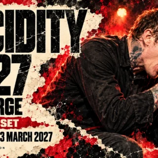 Editorial illustration of Converge singer Jacob Bannon holding a microphone, with Lucidity 2027 and Melbourne, 13 March 2027 text.