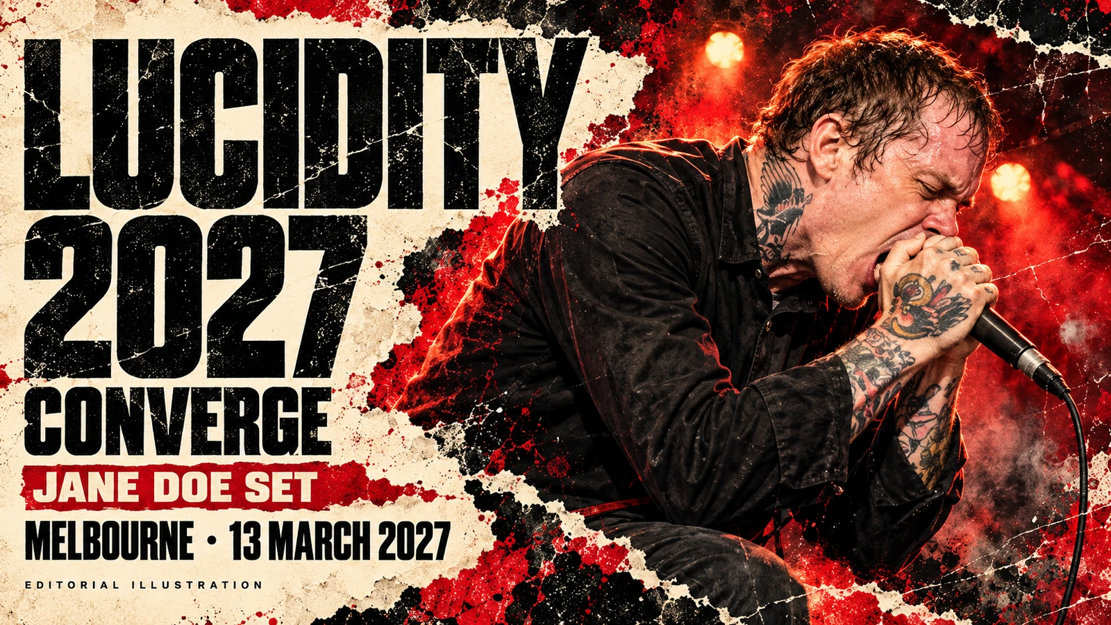 Editorial illustration of Converge singer Jacob Bannon holding a microphone, with Lucidity 2027 and Melbourne, 13 March 2027 text.