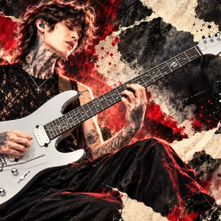 Editorial illustration of Tim Henson with a silver Ibanez TOD10 guitar