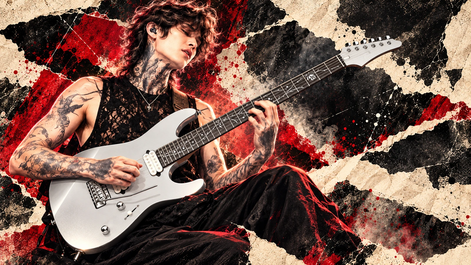 Editorial illustration of Tim Henson with a silver Ibanez TOD10 guitar
