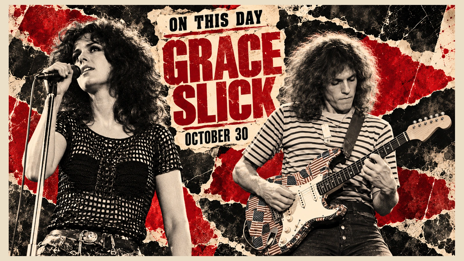 Editorial illustration of Grace Slick singing and Jorma Kaukonen playing his flag-decorated six-string guitar, with appearances based on 1970 references.