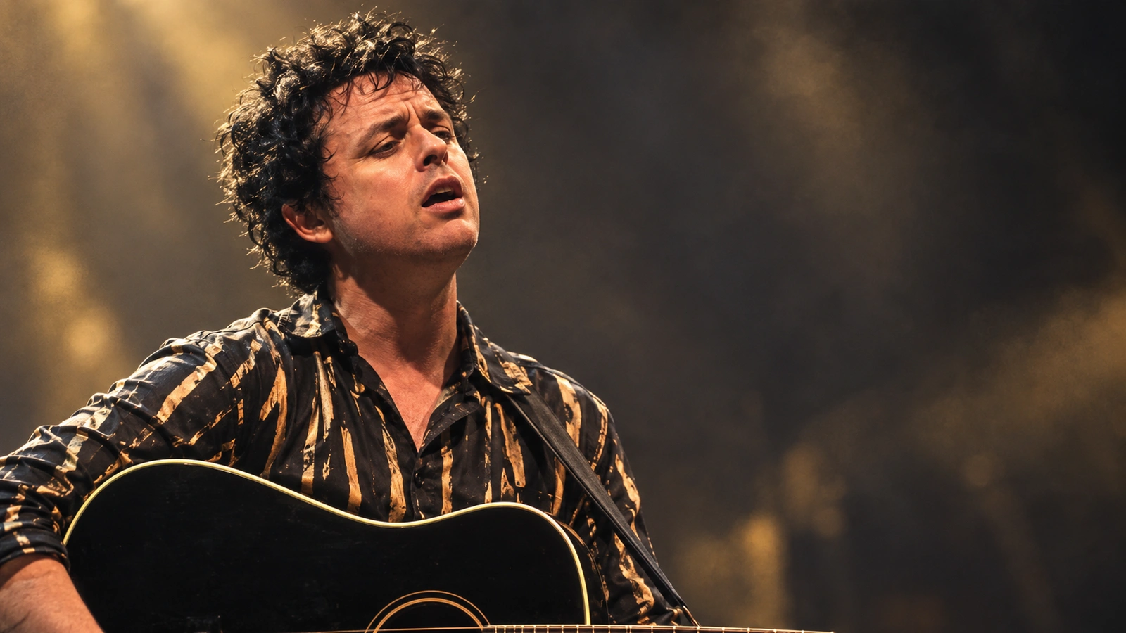Original editorial illustration of Billie Joe Armstrong with a black acoustic guitar, informed by a 2016 photograph.