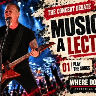 Editorial illustration of James Hetfield with a guitar beside the question Music or a Lecture?